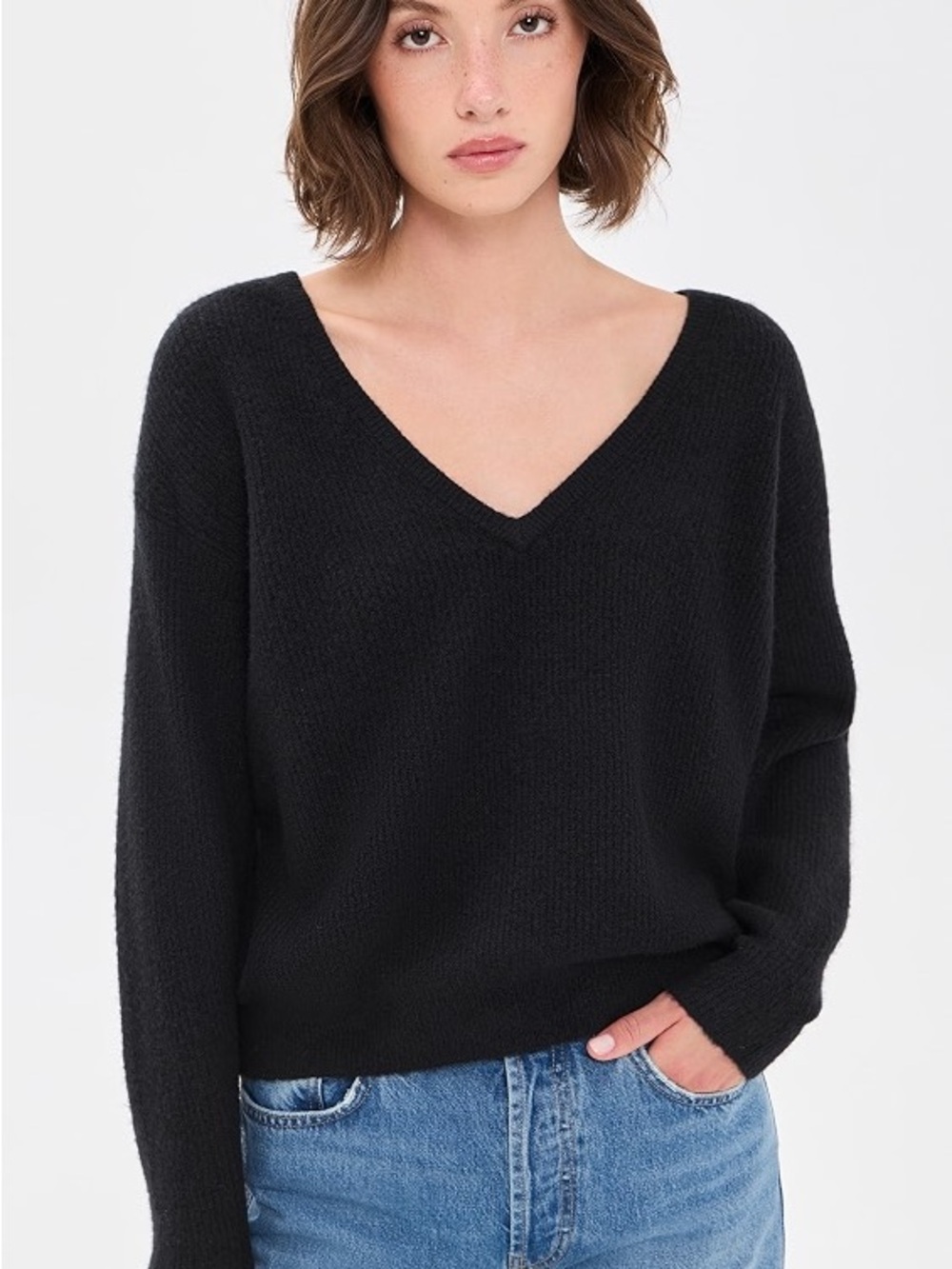 Free People Relaxed V-Neck Sweater in Black